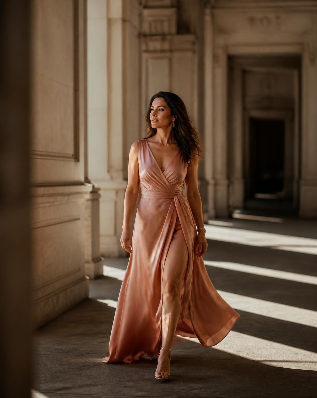 Mujer caminando con serenidad entre luces y sombras