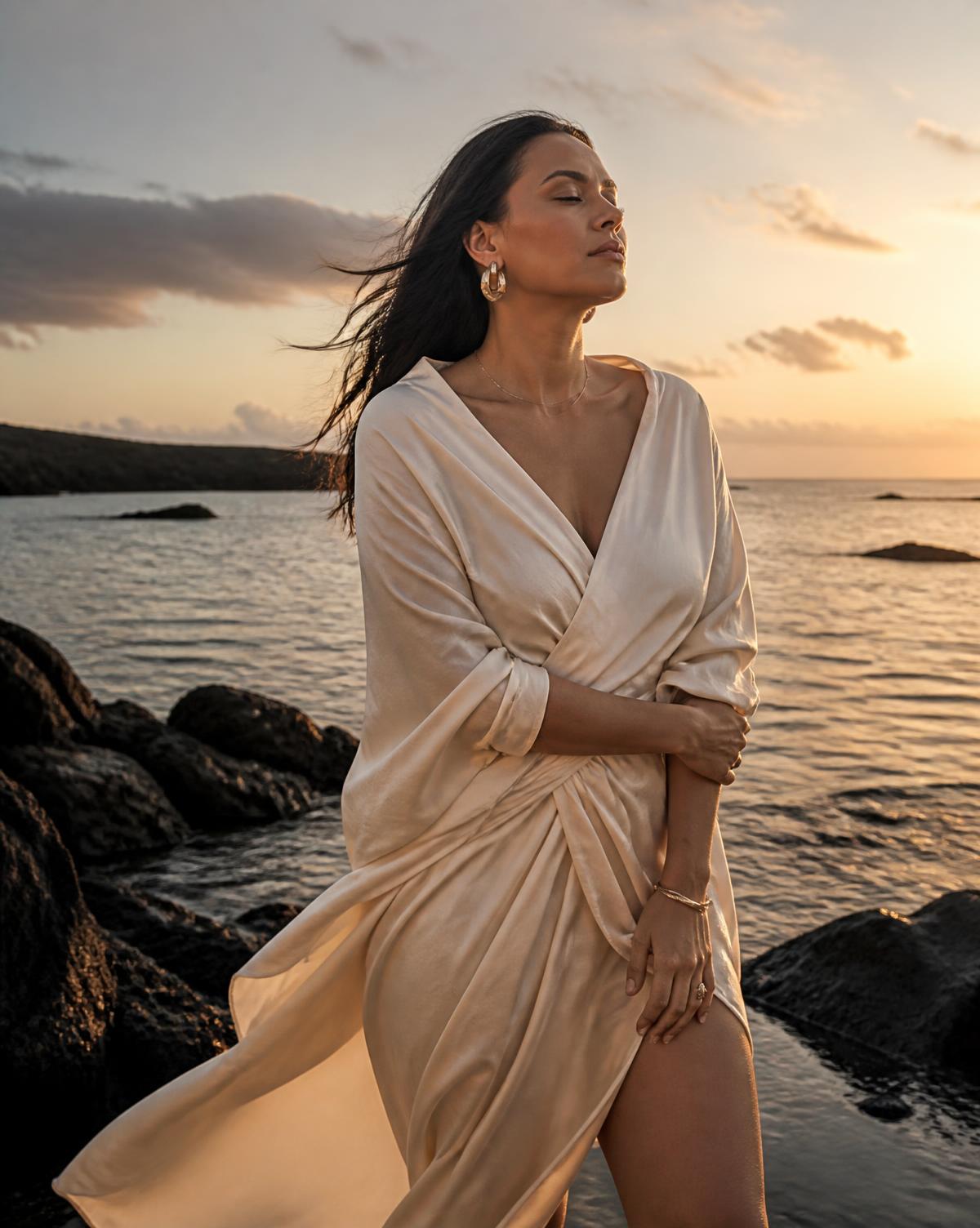 Mujer respirando con serenidad frente al mar